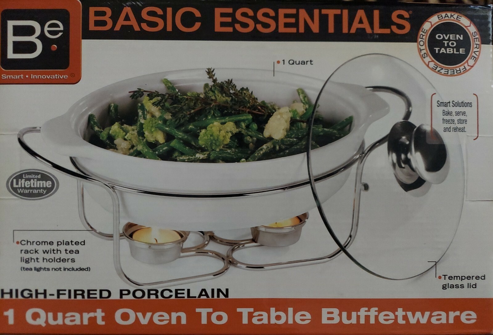 Basic Essentials 1 Quart Oven To Table Buffetware High Fired Porcelain w/ rack