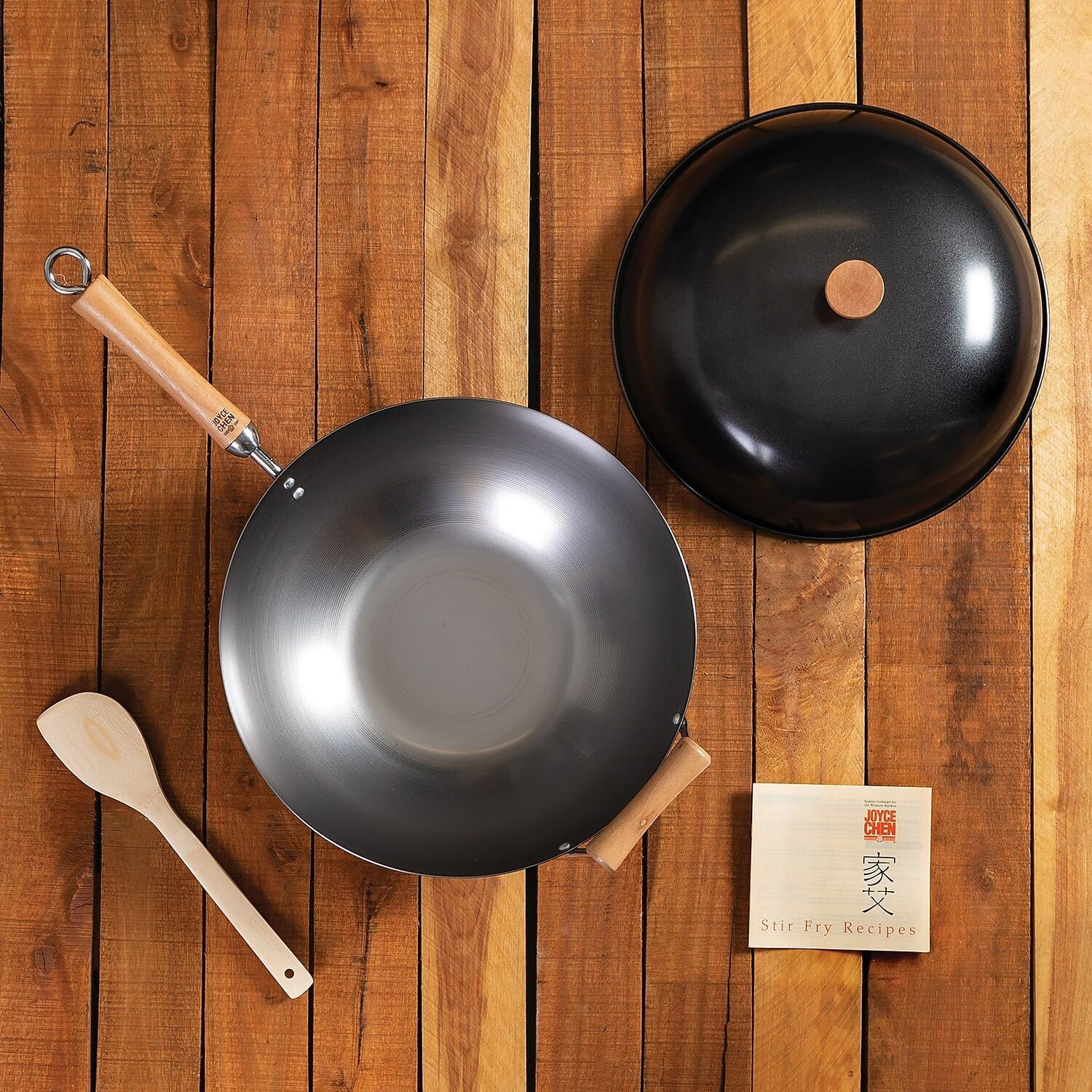 Classic Series 14“ Uncoated Carbon Steel Wok Set w/ Lid and Birch Handles, 4 Pc