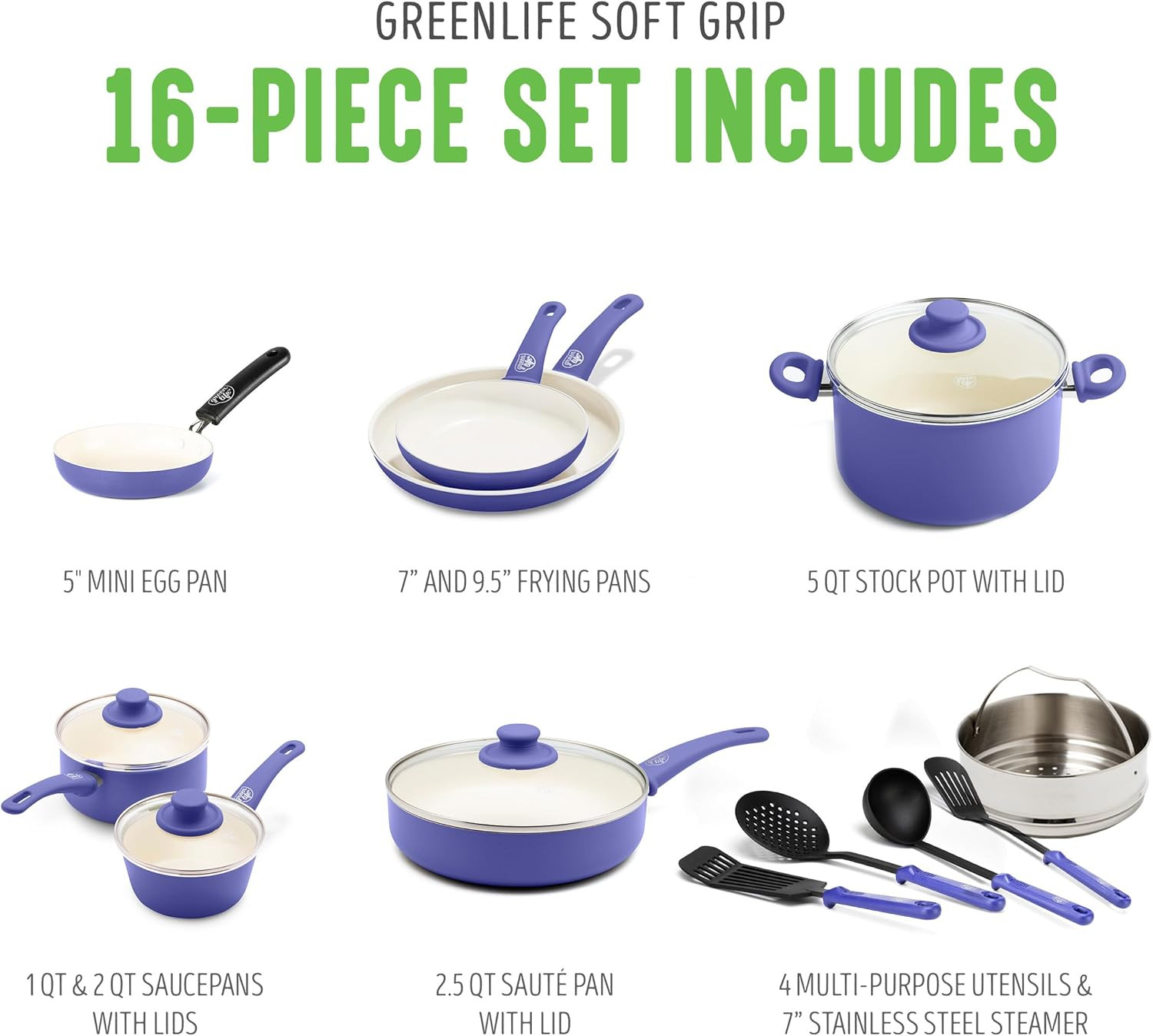 Soft Grip 16 Piece Cookware Set, Non-Toxic Pfas-Free Ceramic Nonstick, Frying, S