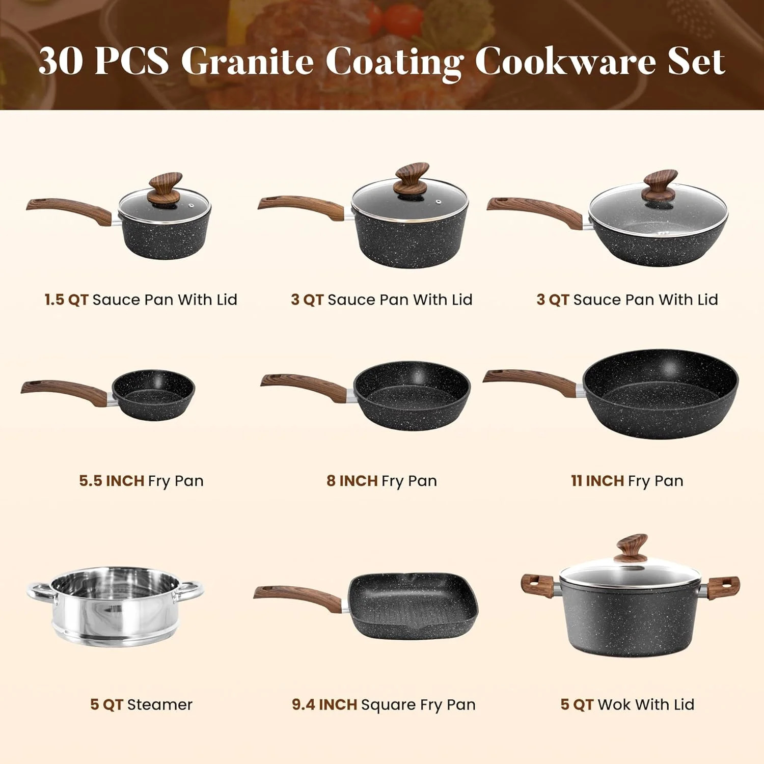 Kitchen Induction Cookware & Bakeware Set – 30 Piece Black Granite Cooking Pans