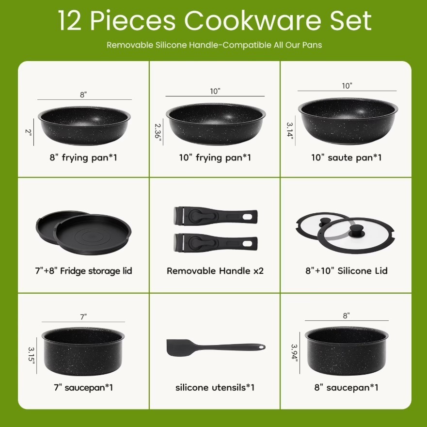 Gianna 12 Pcs Non-Stick Cookware Set, Pots and Pans Set, with Spatula & Detachab