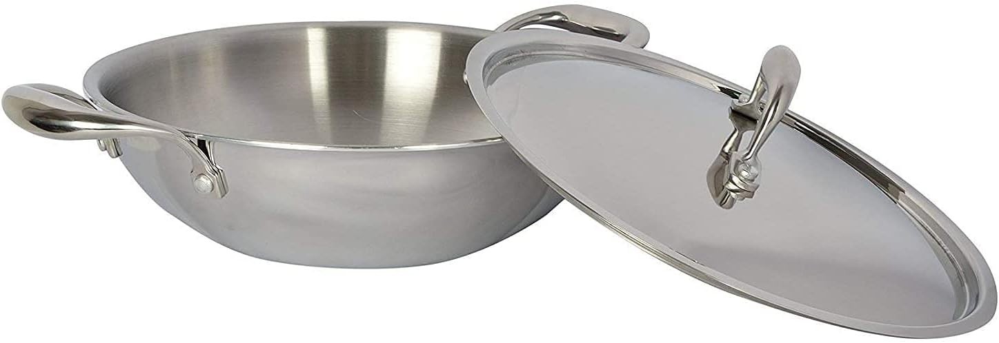 TABAKH 3.7 Liter Triply 18/8 Stainl Steel Kadai w/Lid | Suitable For