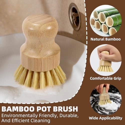 SAMEBUETCO 6-Piece Bamboo Dish Brush Set with 2 Stainless Steel Drying Racks,