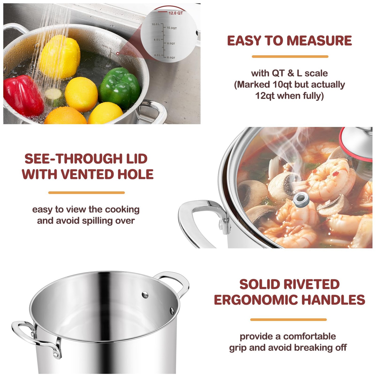 TeamFar 12 Quart Stock Pot, Stainless Steel Tri-ply Stockpot Large Pasta Soup Co