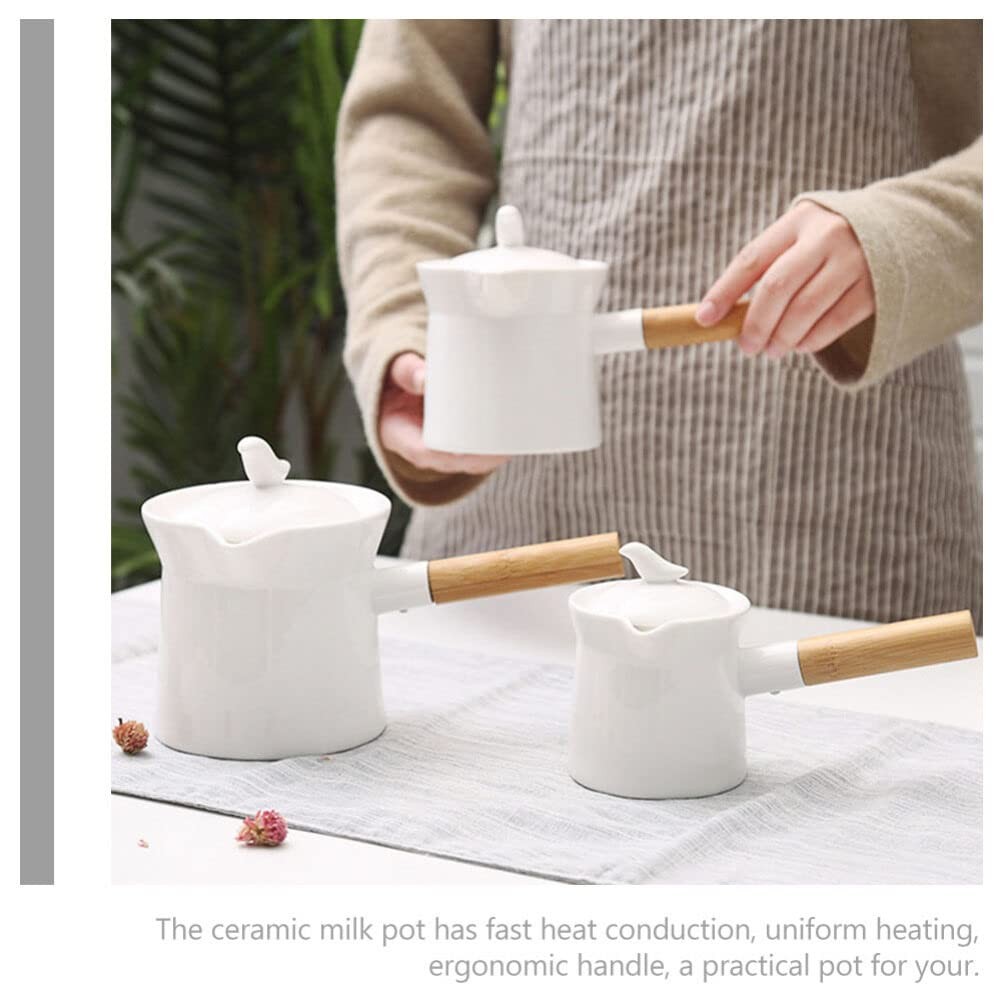 Mini Sauce Pan Ceramic Milk Pot 350ml With Lid Wooden Handle White Pour Spout
