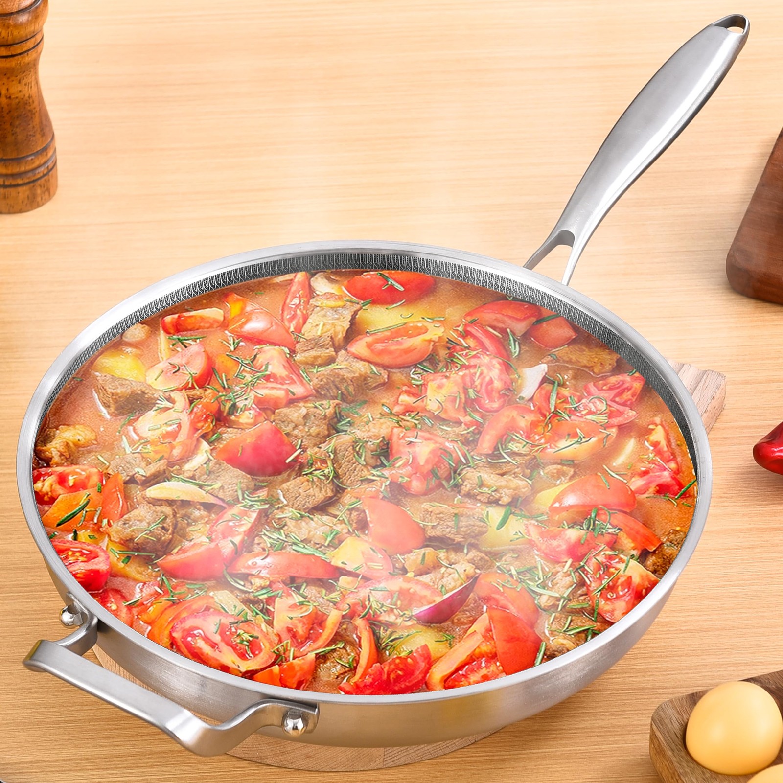 12-Inch Hybrid Tri-Ply Stainless Steel Non Stick Chef’s Frying Pan with Lid a…