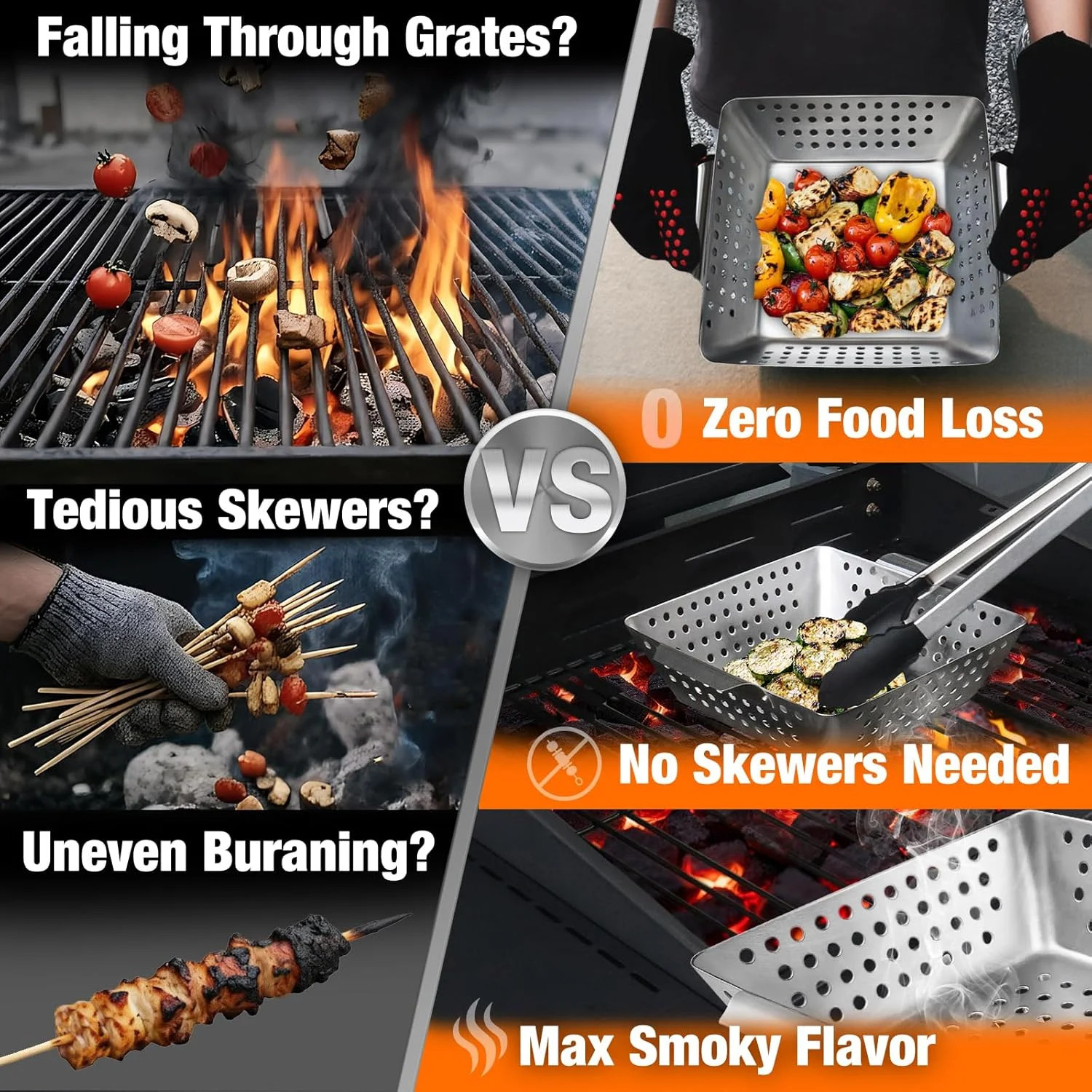 3 Piece Stainless Steel Grill Basket Set with Basting Brush, Heavy Duty Small Ve