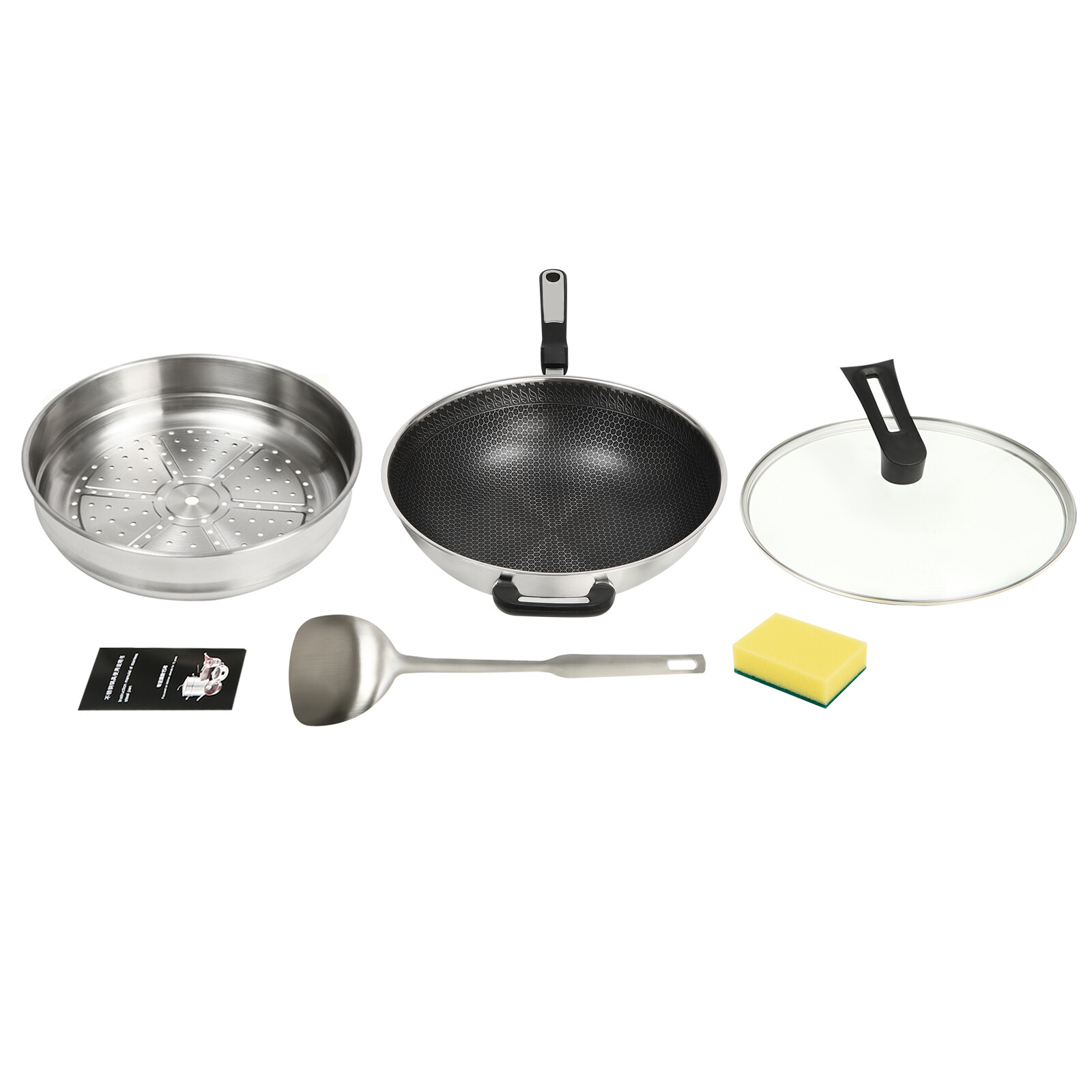 Nonstick Cooking Honeycomb Wok Pan w/Lid Steamer Pot Gas Cooktop Stainless Steel