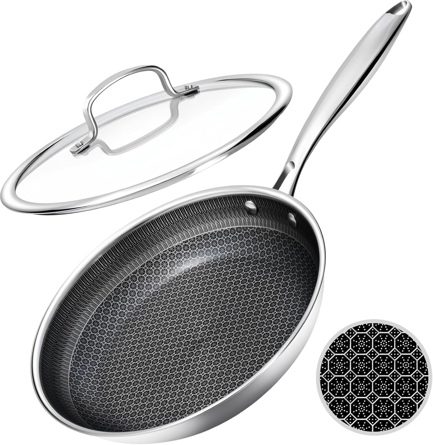 12-Inch Nonstick Frying Pan with Glass Lid – Honeycomb Surface & Dishwasher Safe