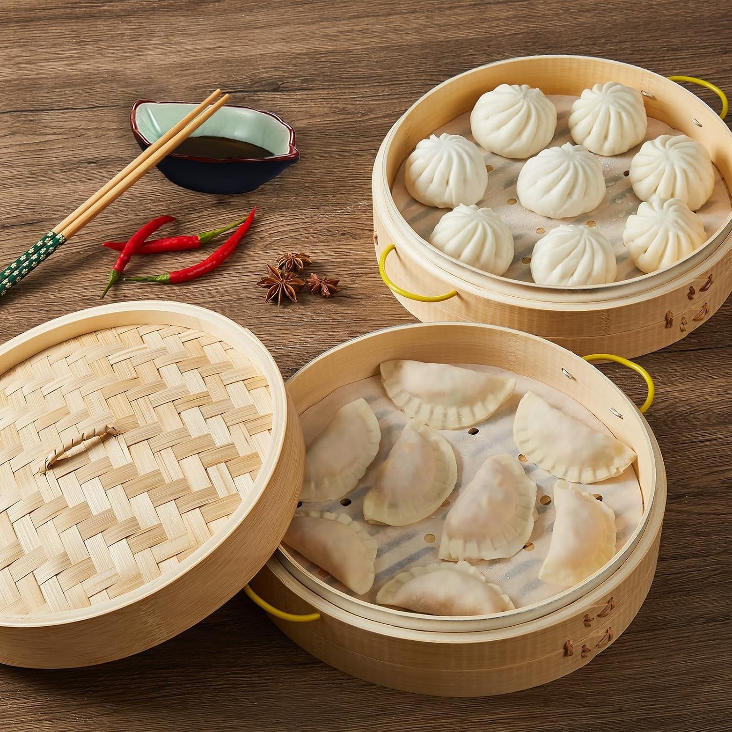 Bamboo Steamer Basket 10 inch for Cooking Dim Sum Dumplings Buns Seafood Rice