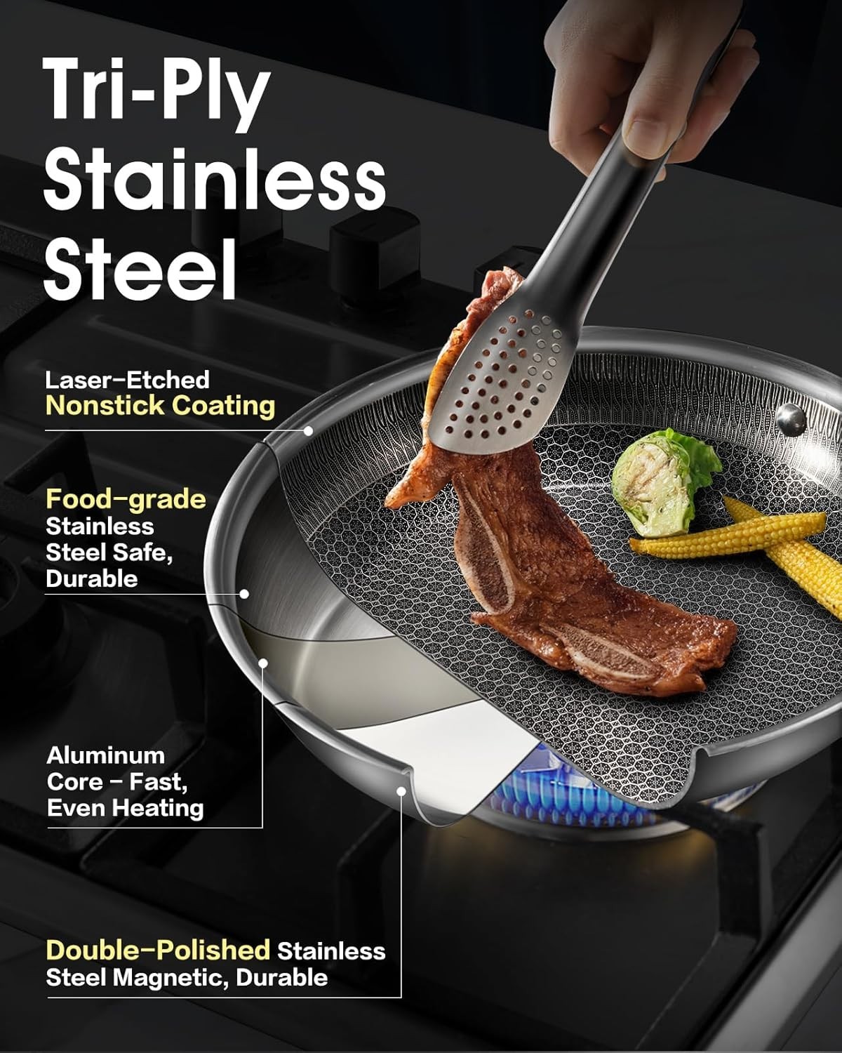 12-Inch Nonstick Frying Pan with Glass Lid – Honeycomb Surface & Dishwasher Safe