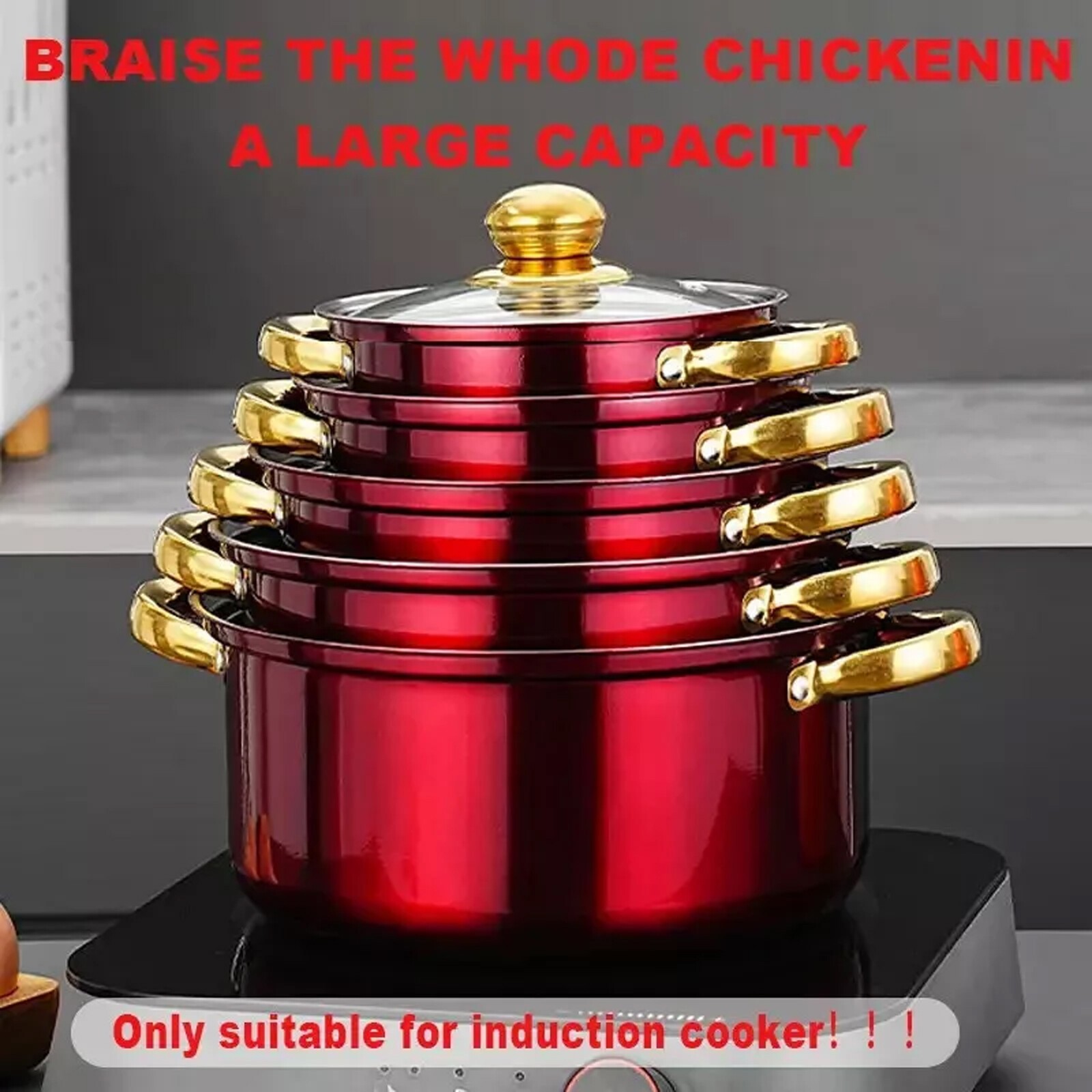 12Pcs Red Stainless Steel Non-Stick Cookware Set Kitchen Pot Frying Pan Saucepan
