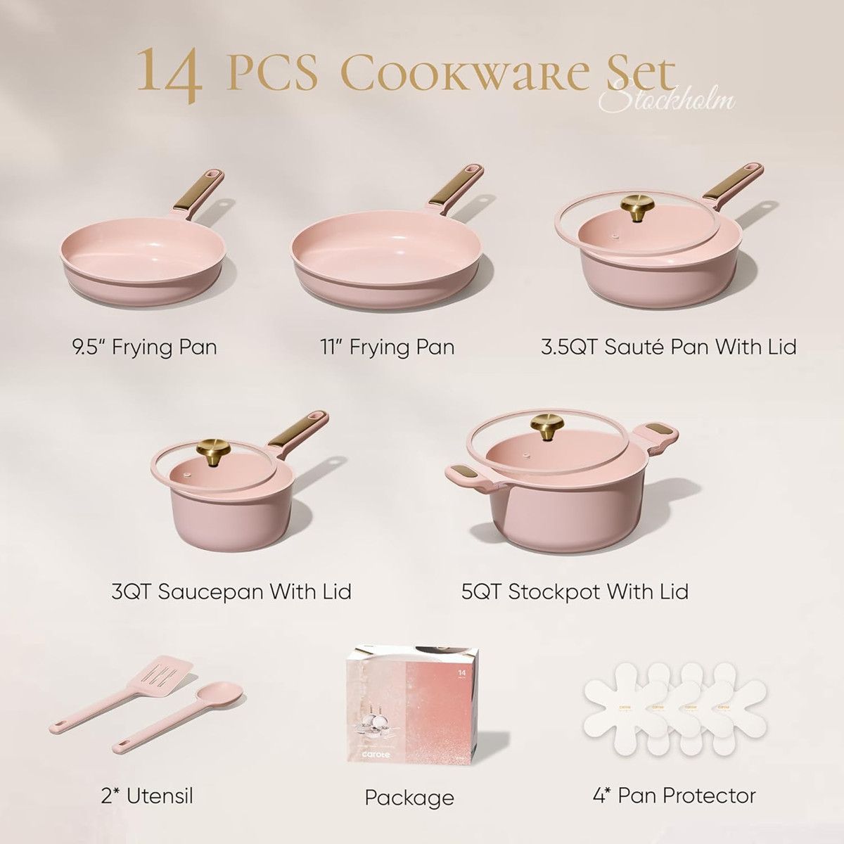 CAROTE Ceramic Cookware Set Nonstick,14pcs Pots and Pans Set Nonstick,Pink Blush