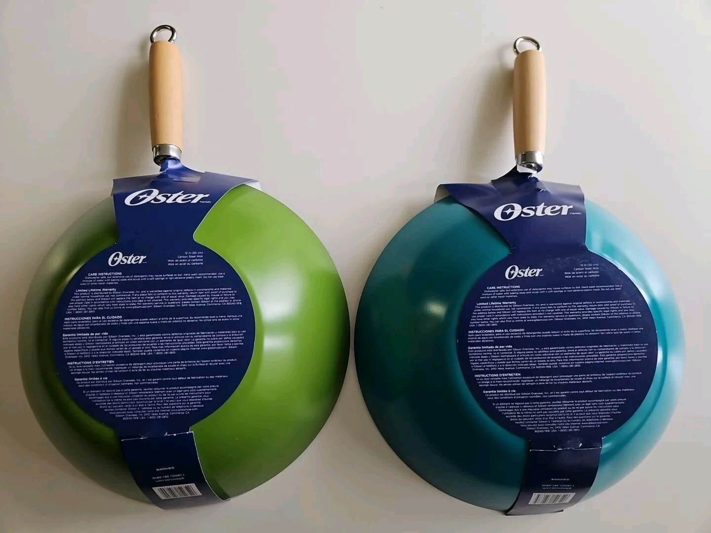 2, OSTER CARBON STEEL WOKS. 12 IN NON STICK SET OF 2. BLUE / GREEN FREE SHIPPING