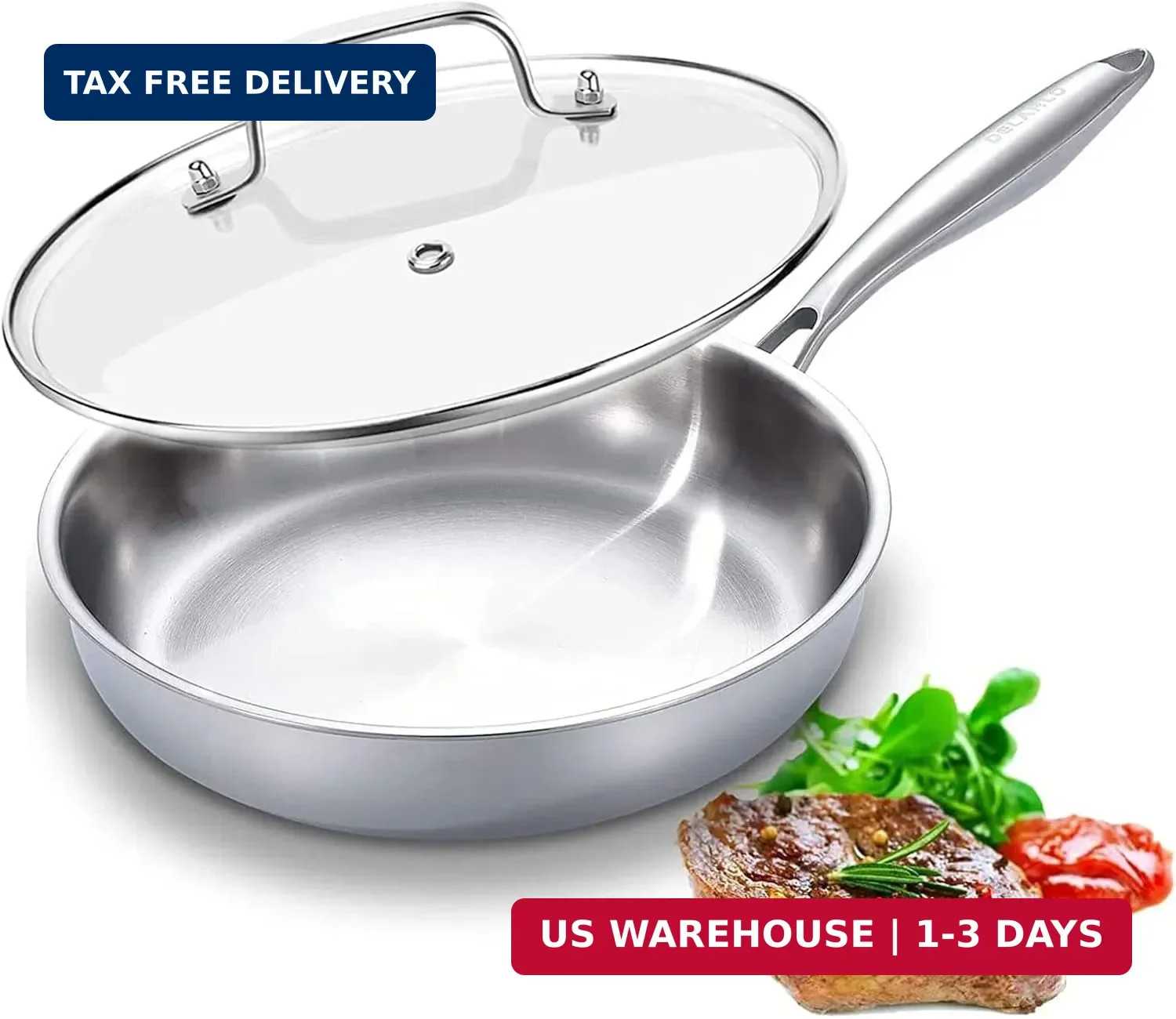 DELARLO Tri-Ply Stainless Steel Pan, 18/10 Frying Pan, Oven Safe Up to 600°F, No