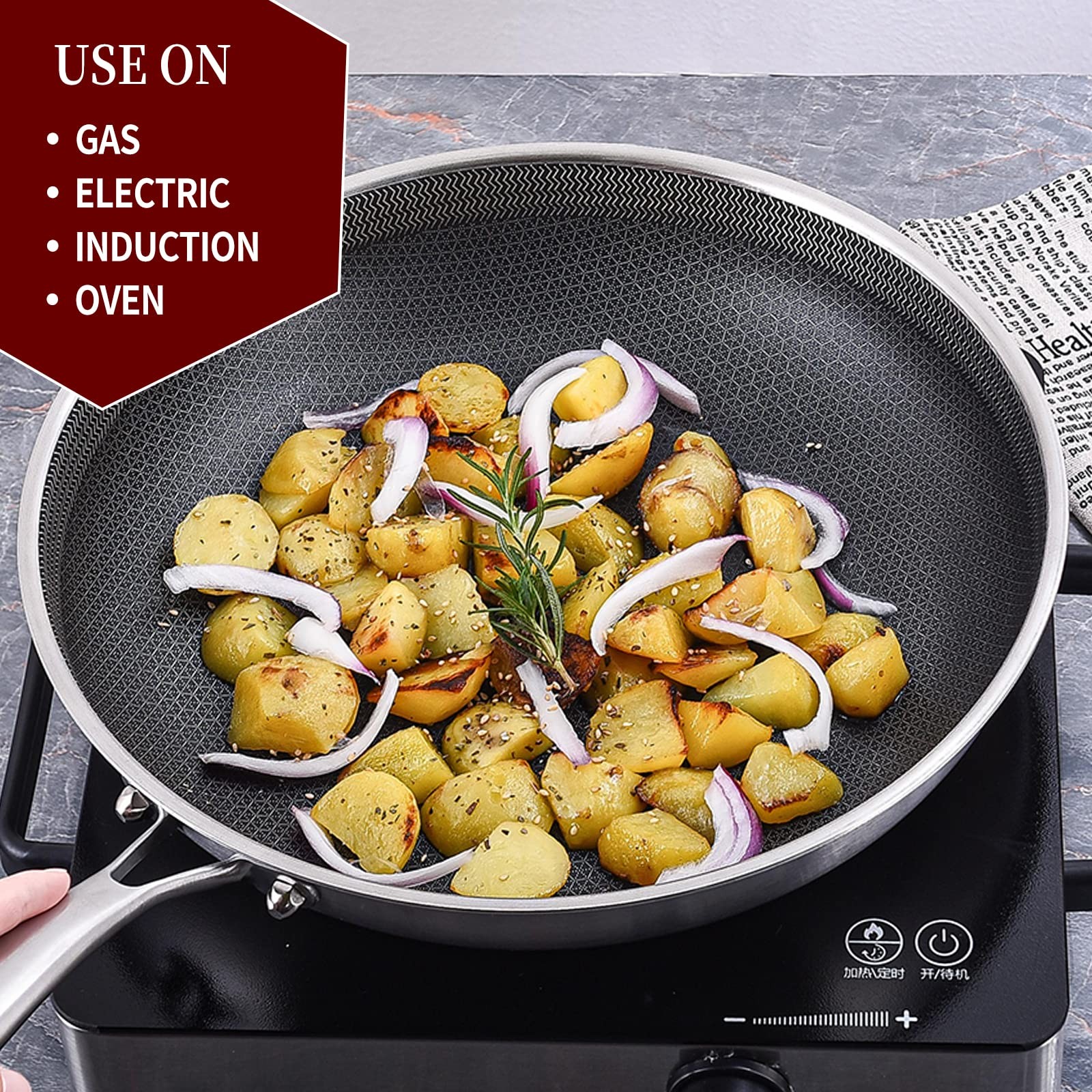10 In Hybrid Nonstick Stainless Steel Sauté Pan with LidDeep Frying PanSkille…