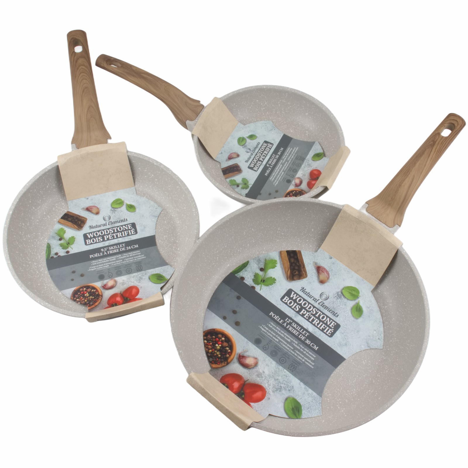 Natural Elements Woodstone 8″ 9.5″ 12″ Skillets Non Stick Frying Pans Farmhouse