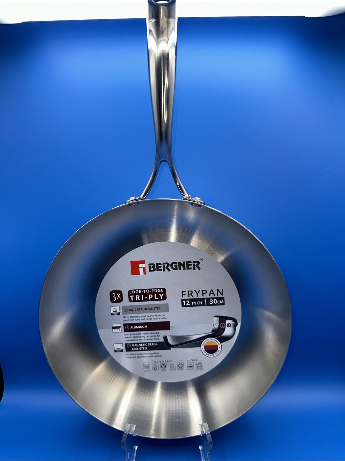 BERGNER 3X TRI-PLY STAINLESS STEEL 12”/30cm FRYPAN INDUCTION COMPATIBLE QUALITY!