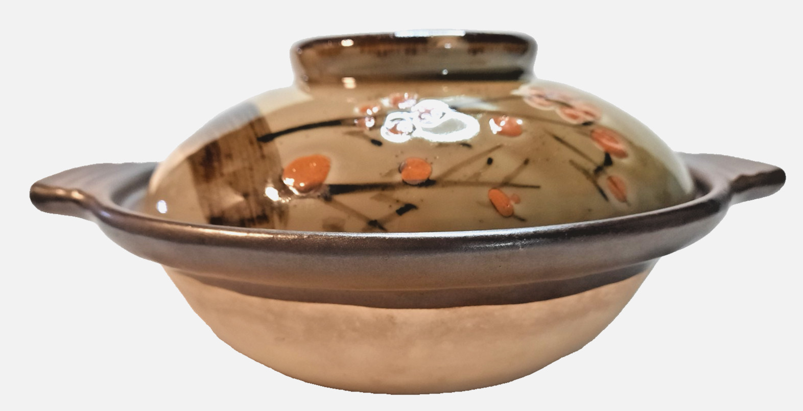 Japanese-Earhenware Donabe Cooking Pot-Hand Painted-Cherry Blossoms-Brown/Orange