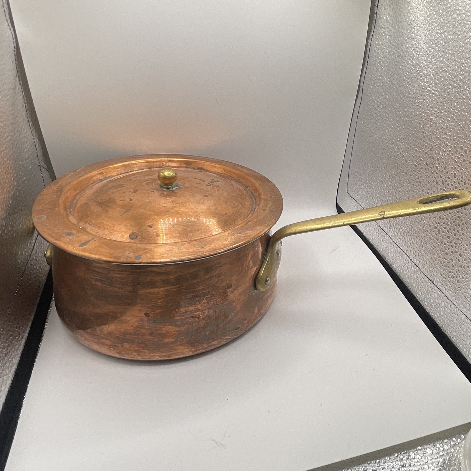 Copper 2 qt Saucepan w/ Lid, Brass Double Long Handles, Round, Gas/Electric