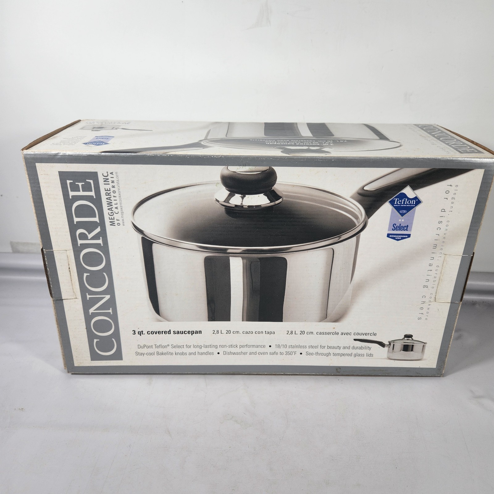 Vtg CONCORD New 3 Qt Open Saucepan Teflon Coating on 18/10 Stainless Steel NEW