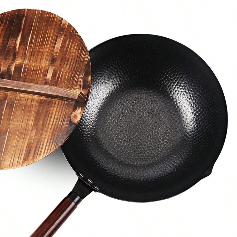 12.6″ Carbon Steel Wok Pan With Wooden Lid & 10Pcs Utensil Set Stir Fry Skillet