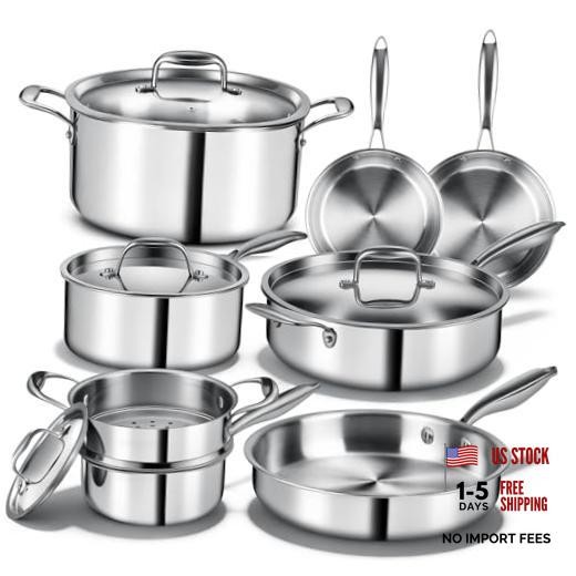 Triple Ply Stainless Steel Pots and Pans Set, 12 12 Pieces (Stainless Steel)