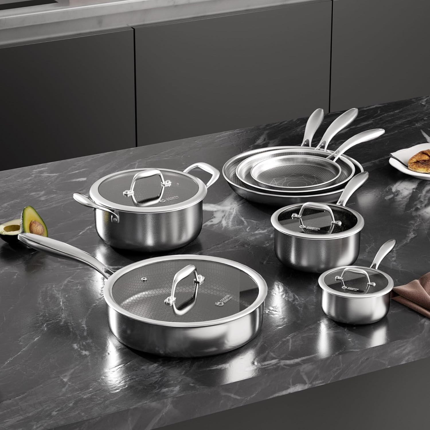 Stainless Steel Cookware Set, 11 Pcs Pots and Pans Set, Hybrid Ceramic Cookware,