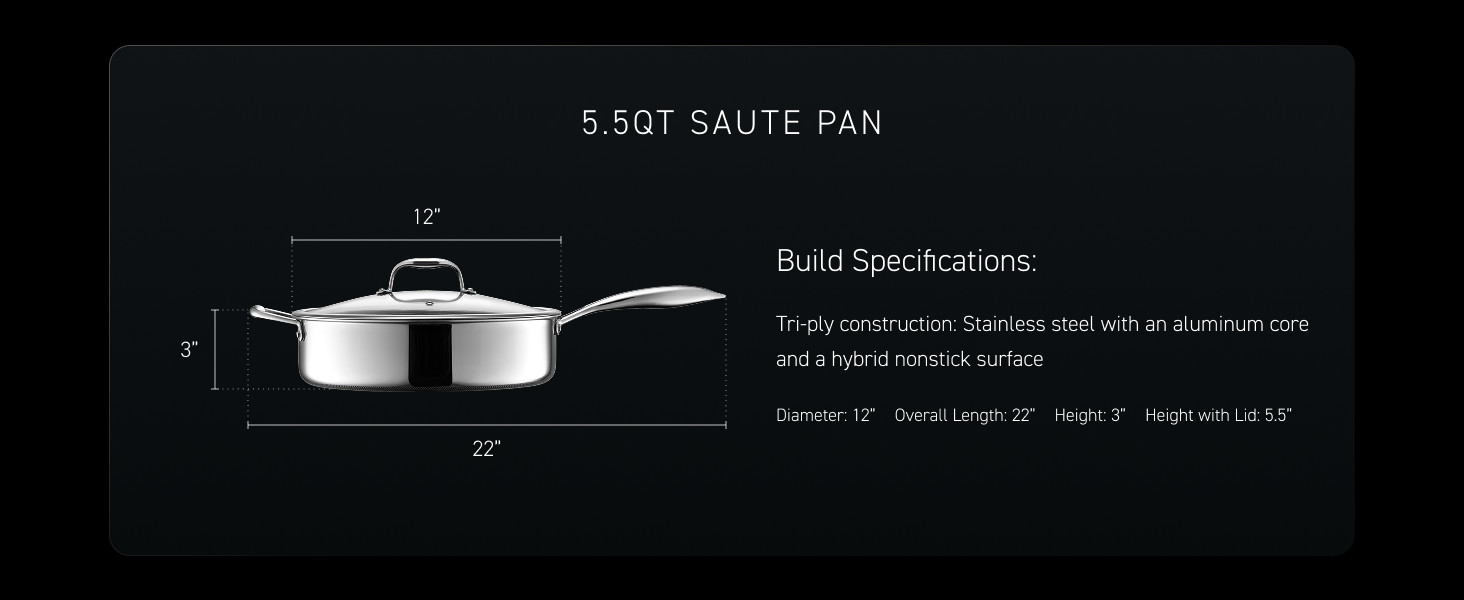 5.5 Quart Hybrid Nonstick Deep Sauté Frying Pan with Lid, Dishwasher and