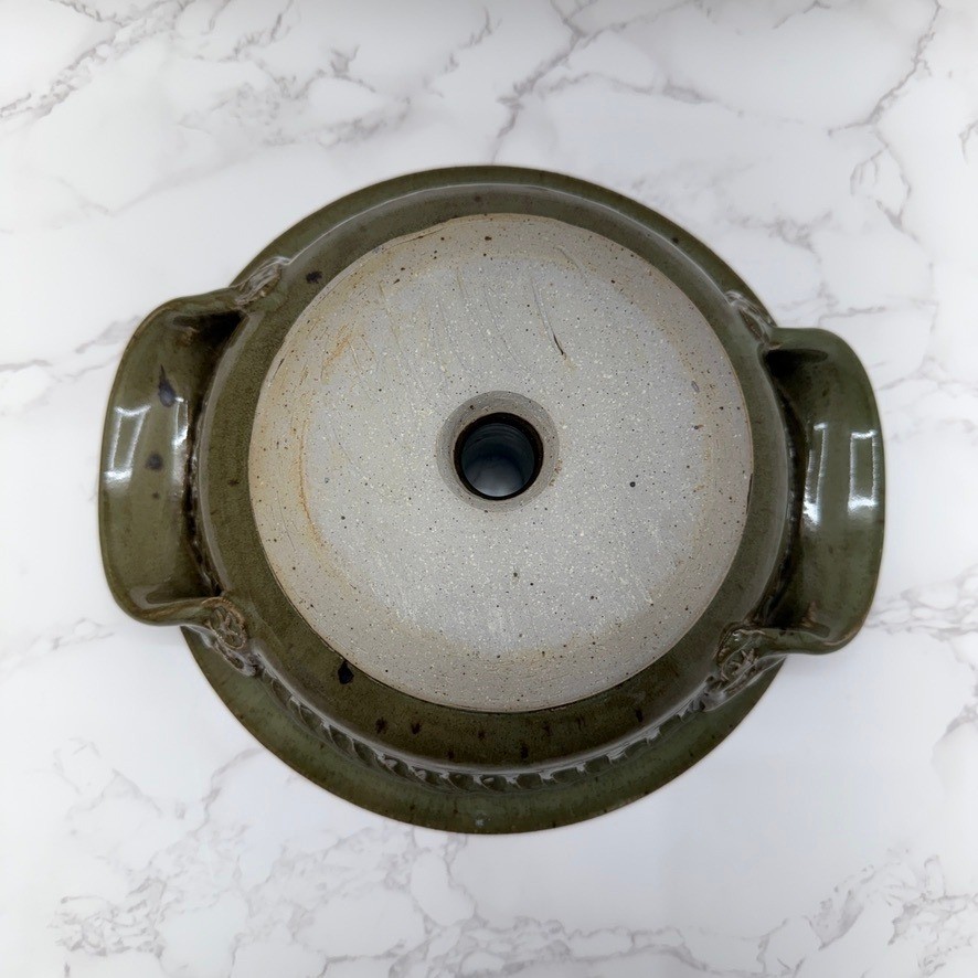Vintage Green Ceramic Baking Dish Chimney Lid Roasting Even Cooking Signed Cozy