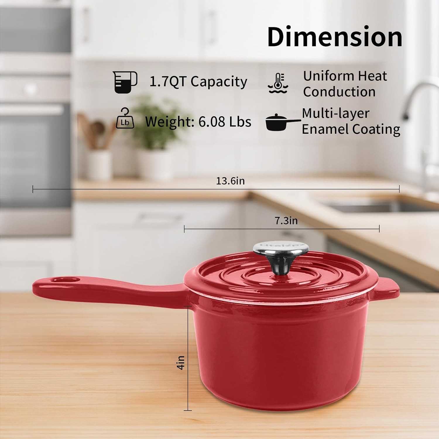 Enameled Cast Iron Sauce Pan with Lid, 1.7 Quart Saucepan with Lid, Small Dutch