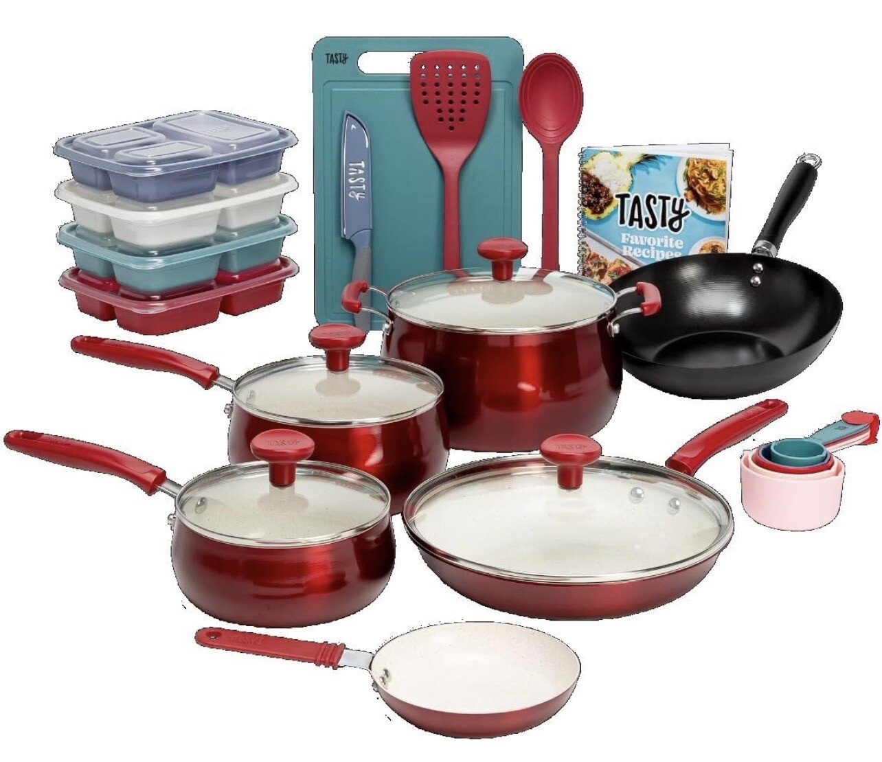 Tasty Clean Ceramic 24 Piece Non-Stick Aluminum Cookware Set, Red