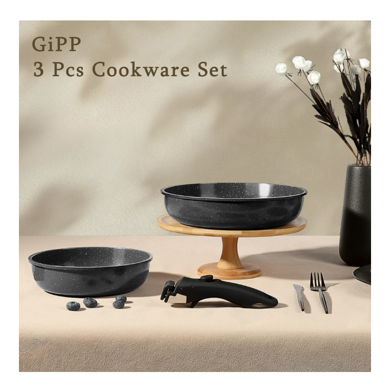 3pc Ceramic Nonstick Frying Pan Set Detachable Handle Oven Safe Induction