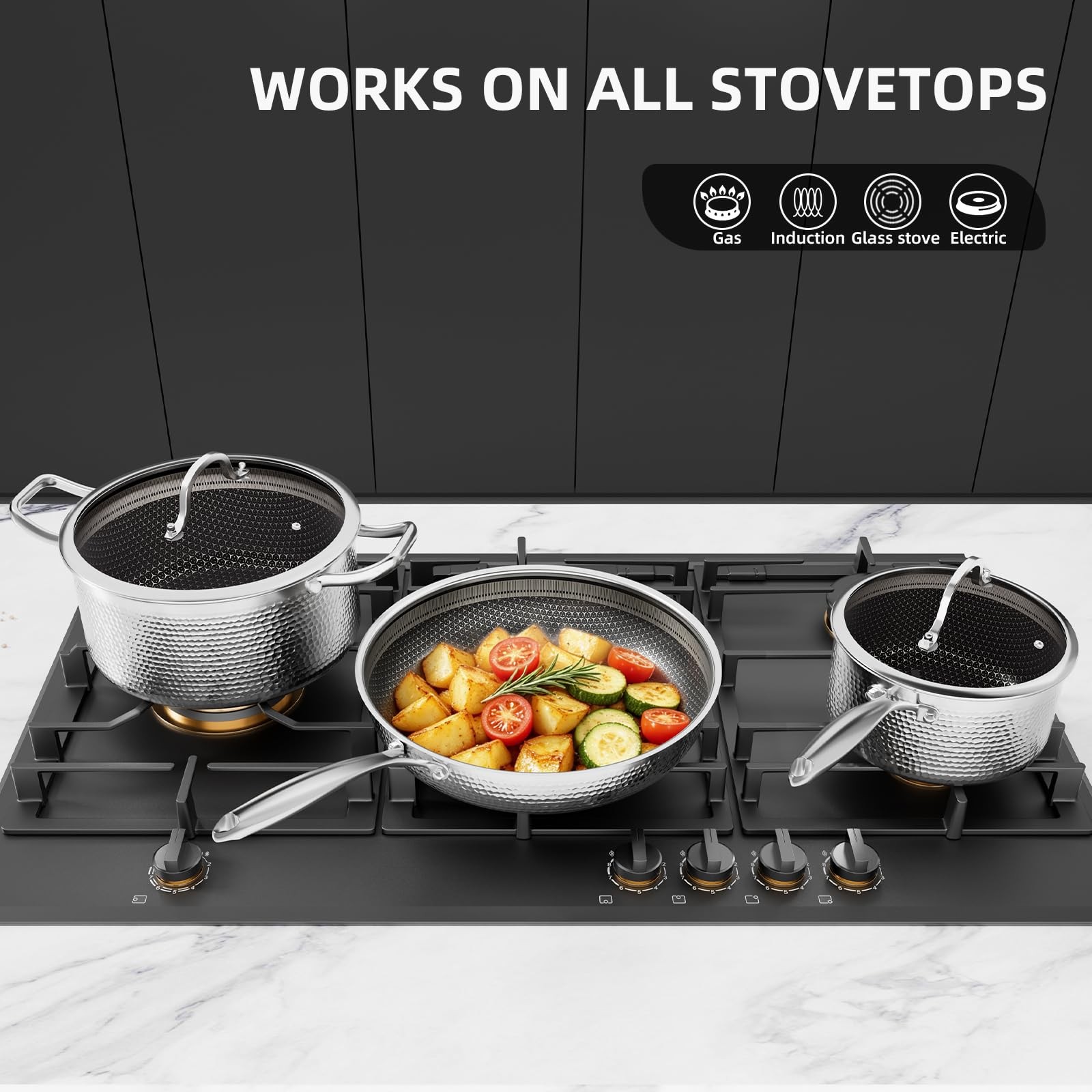RisenutX Stainless Steel Nonstick Pots and Pans Set (7 Pcs), PFOA Free, Induc…