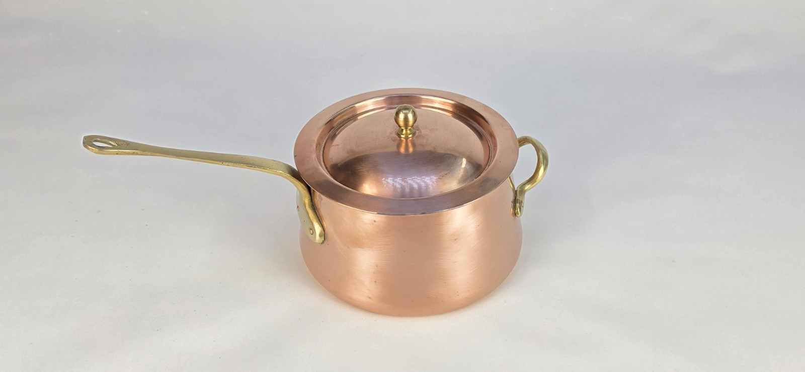 Copper Saucepan w/ Lid, Brass Handle, Double Handle, 3 qt, 7 in Dia