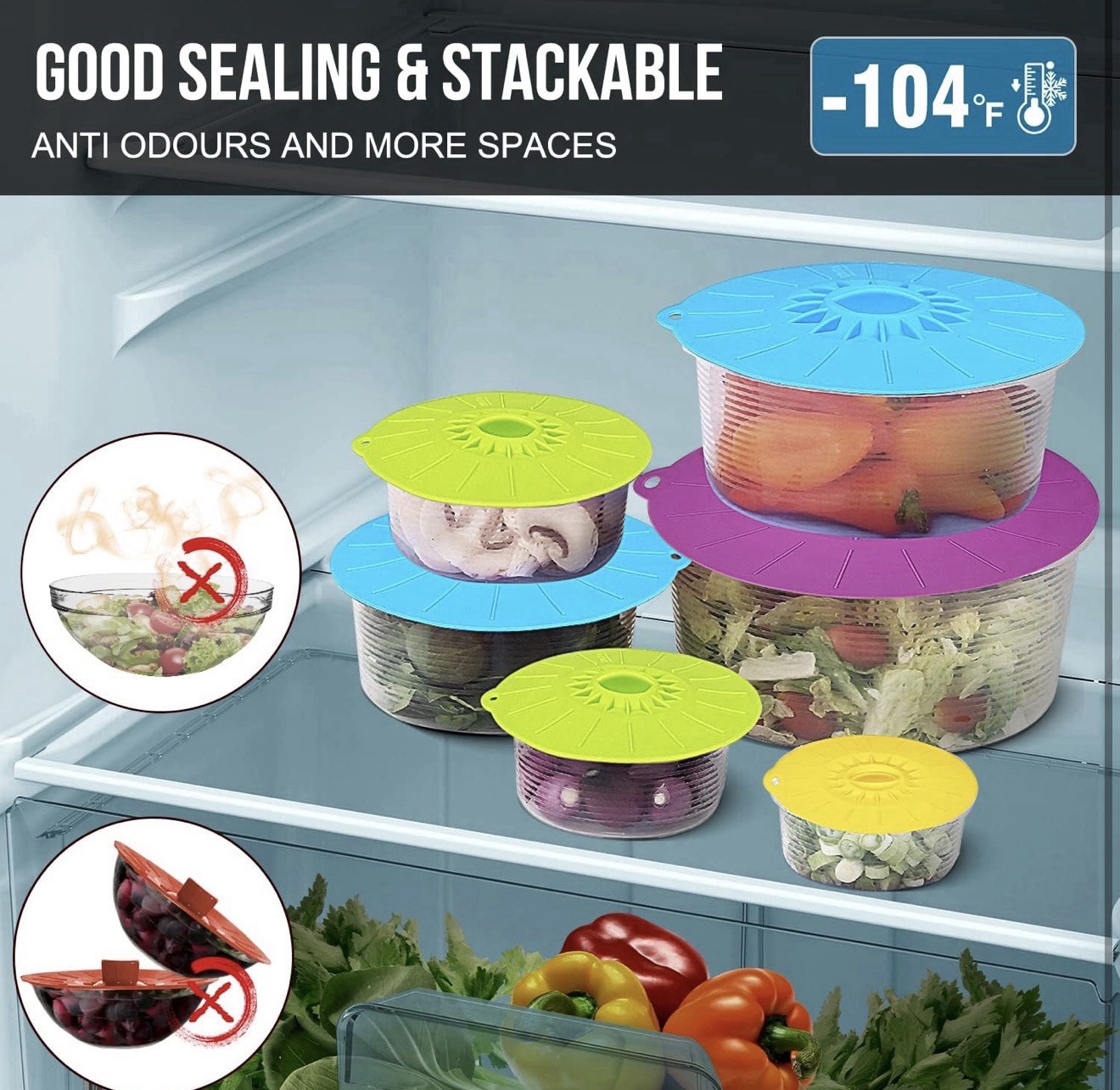 7 Pack Reusable Silicone Food Bowls Lids Microwave Splatter Covers for Plates