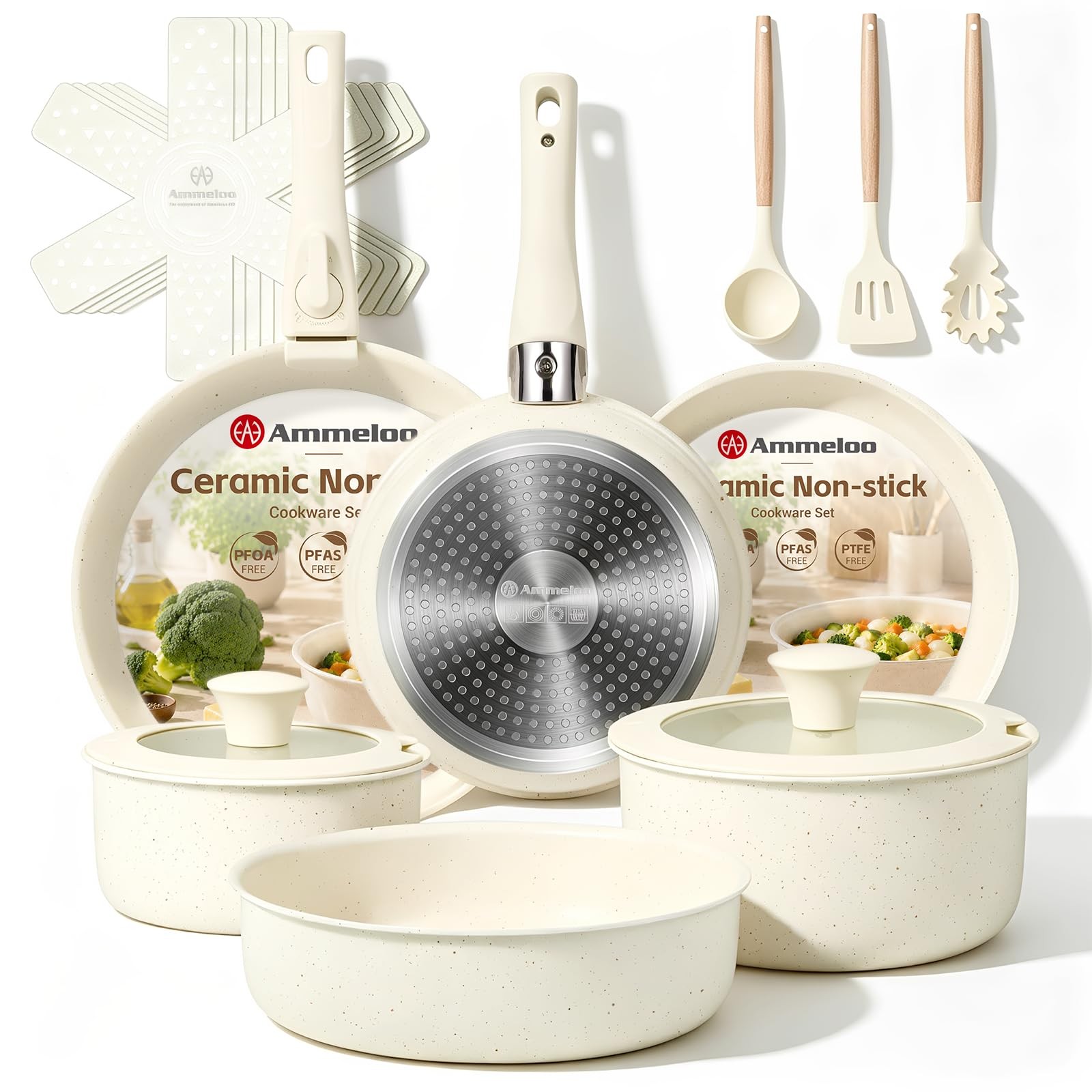 Pots and Pans Set Non Stick, Ceramic Cookware Set with Removable Handles, Sta…