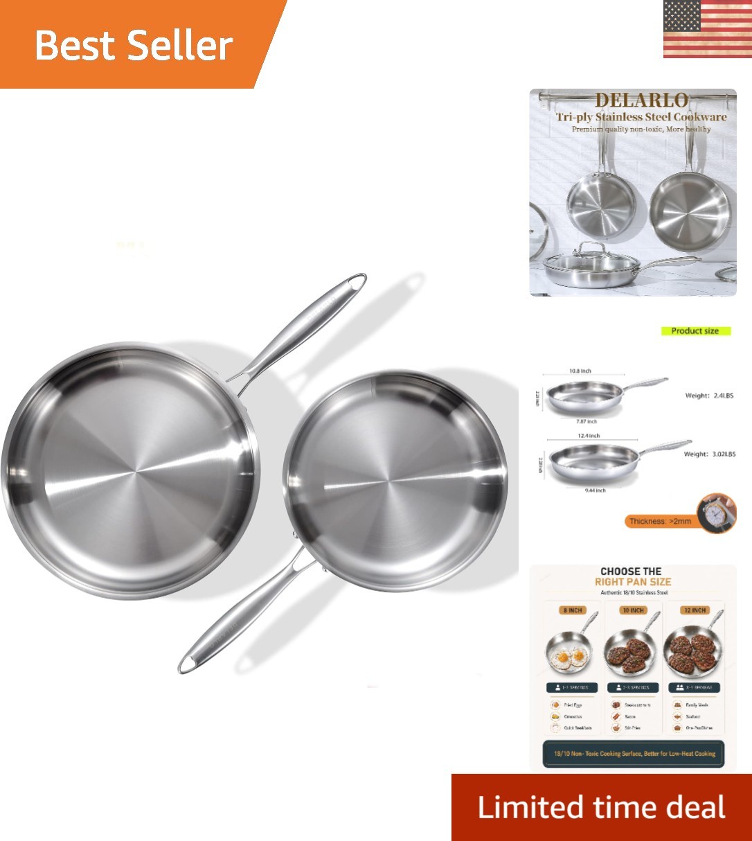 Elegant Nontoxic 10” & 12” Stainless Steel Skillet Set, Perfect for All Cooktops