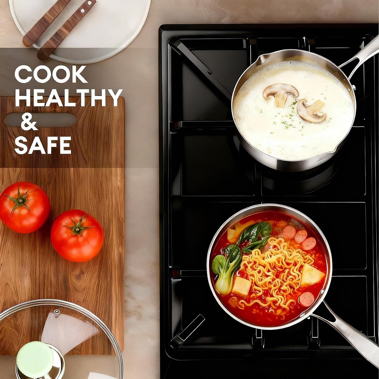 Titanium Saucepan W/ Lid Non-Stick Titanium Pot 500°F Heat Resistant Fast & Even