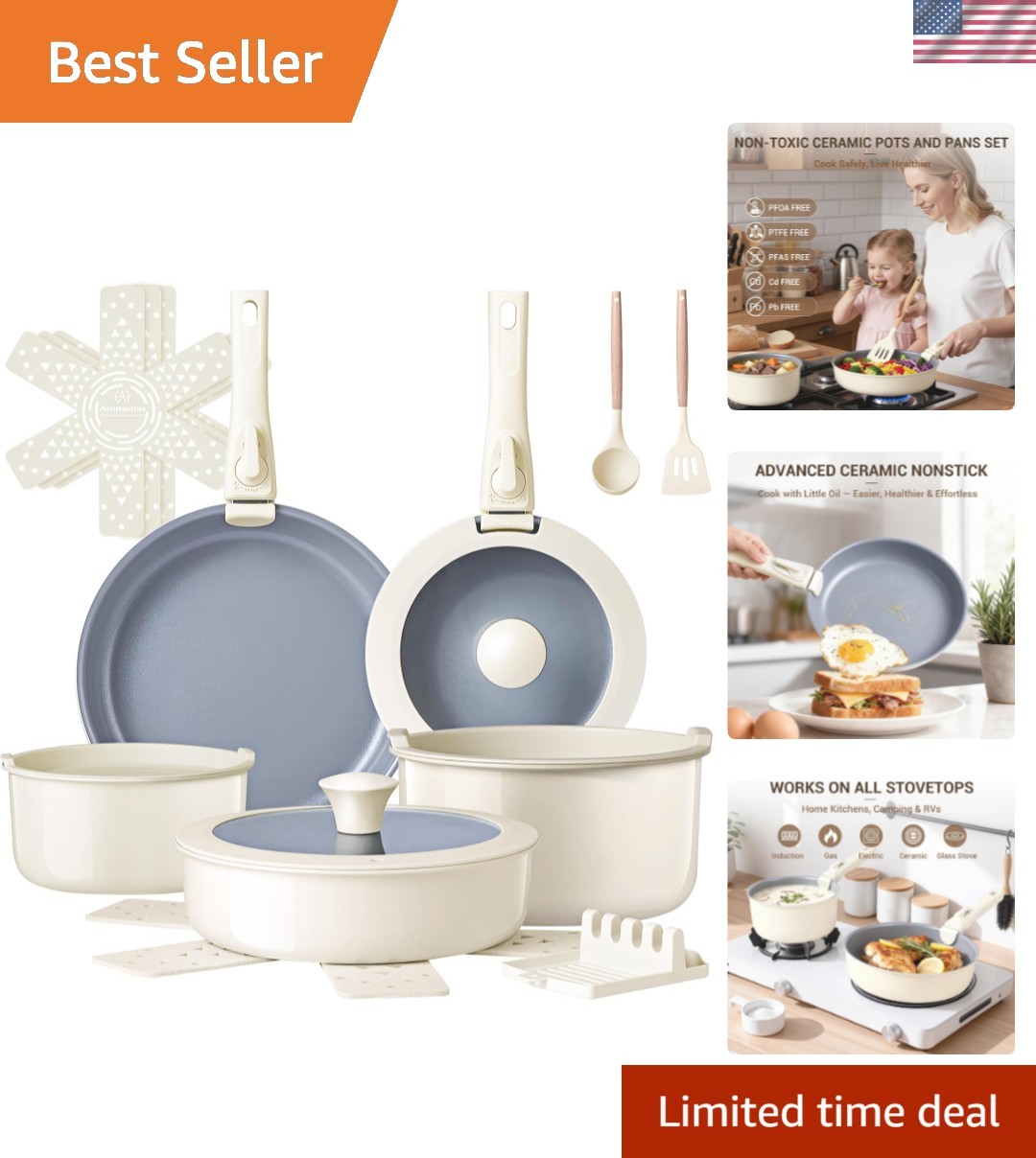 Ceramic Pots and Pans Set Non Stick, Non Toxic Cookware Set with Removable Ha…