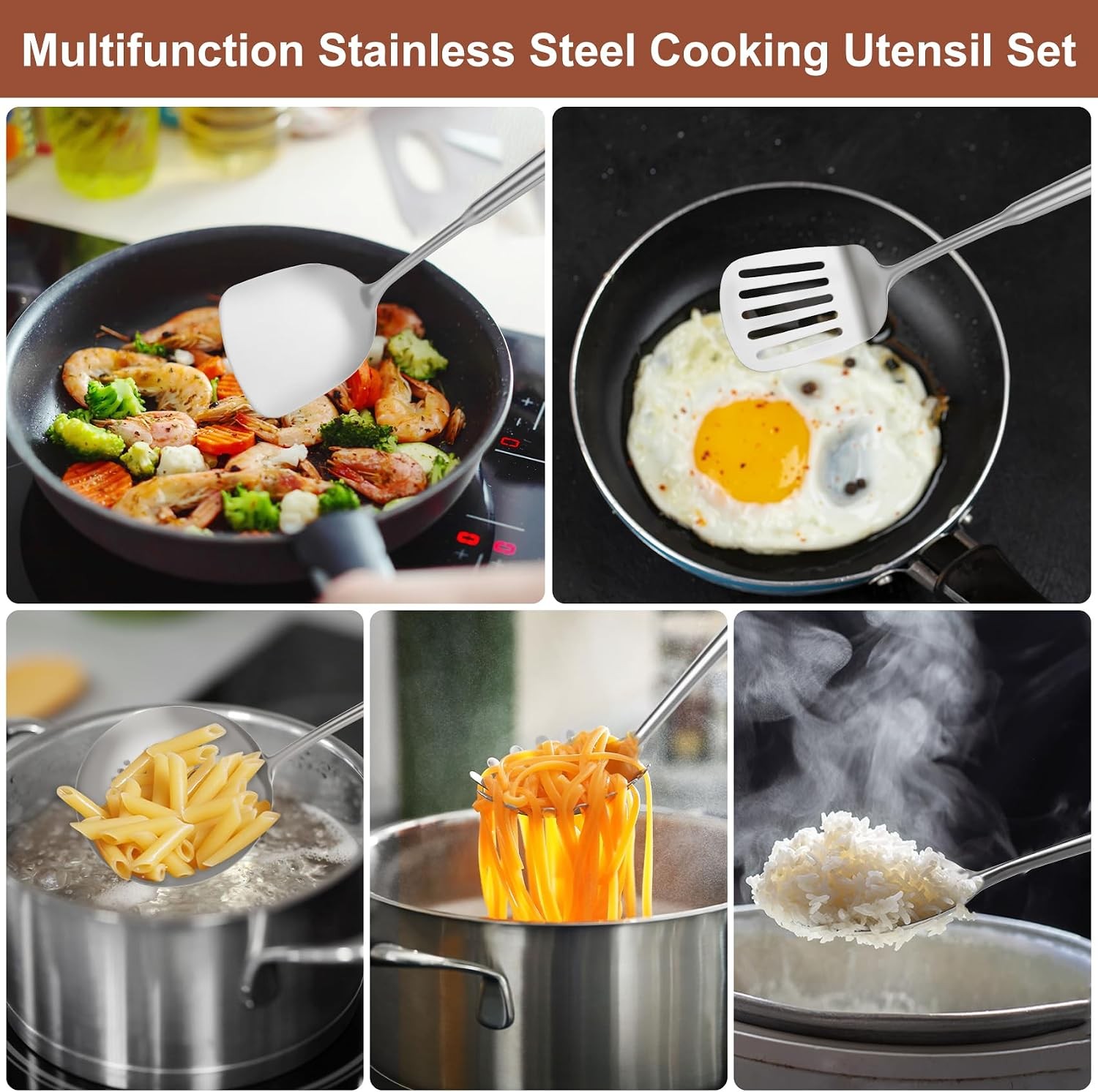 18 10 Stainless Steel Cooking Utensils Set, 10pcs Long Metal Kitchen Utensils