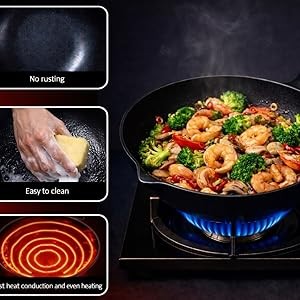 12.6 Inch Carbon Steel Wok Pan with Glass Cover, Pre-Seasoned Nonstick Flat