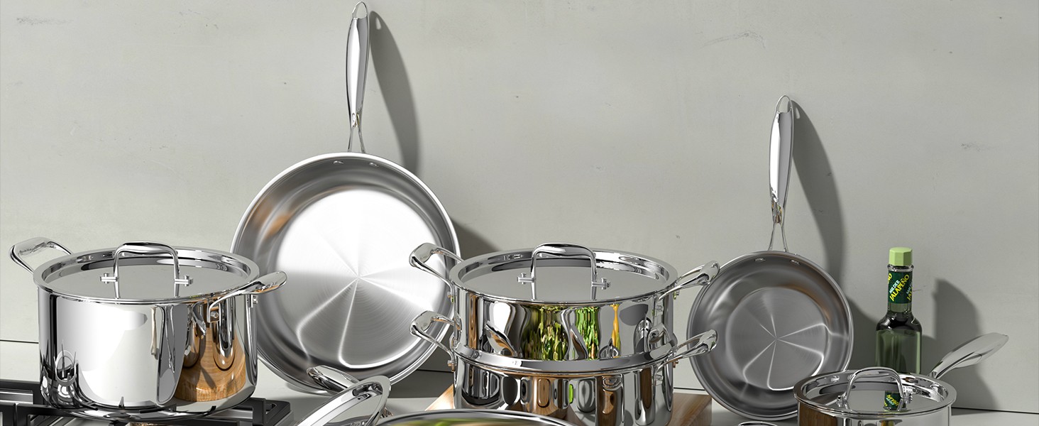 Stainless Steel Cookware Set, 5 Ply 14 Piece Stainless Steel Pot and Pan