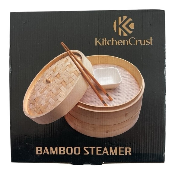 KitchenCrust 10″ 2-Tier Bamboo Steamer Set with Chopsticks Sauce Dish NOB