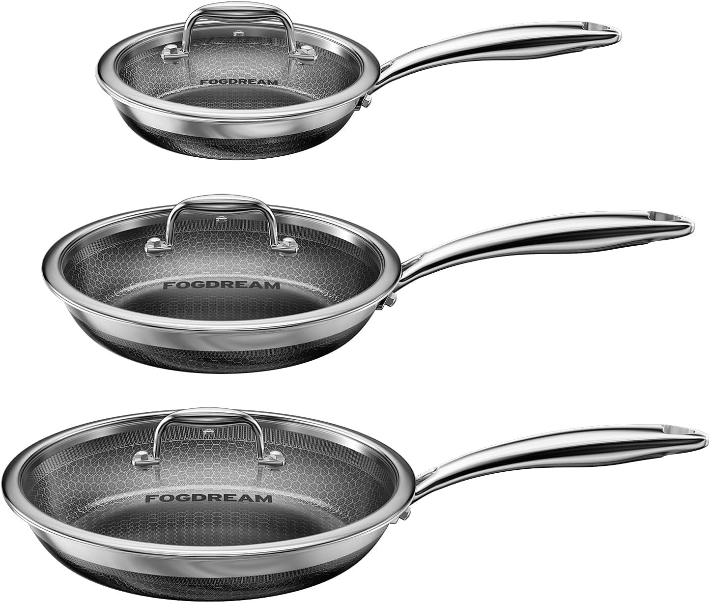 8, 10, 12 Inch Stainless Steel Frying Pan Set with Lid, Honeycomb Hybrid Nons…