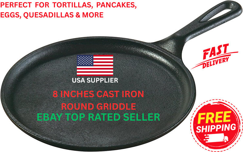 Cast Iron Griddle 8inch Round Comal Para Tortillas Flat Pan Pre Seasoned Skillet