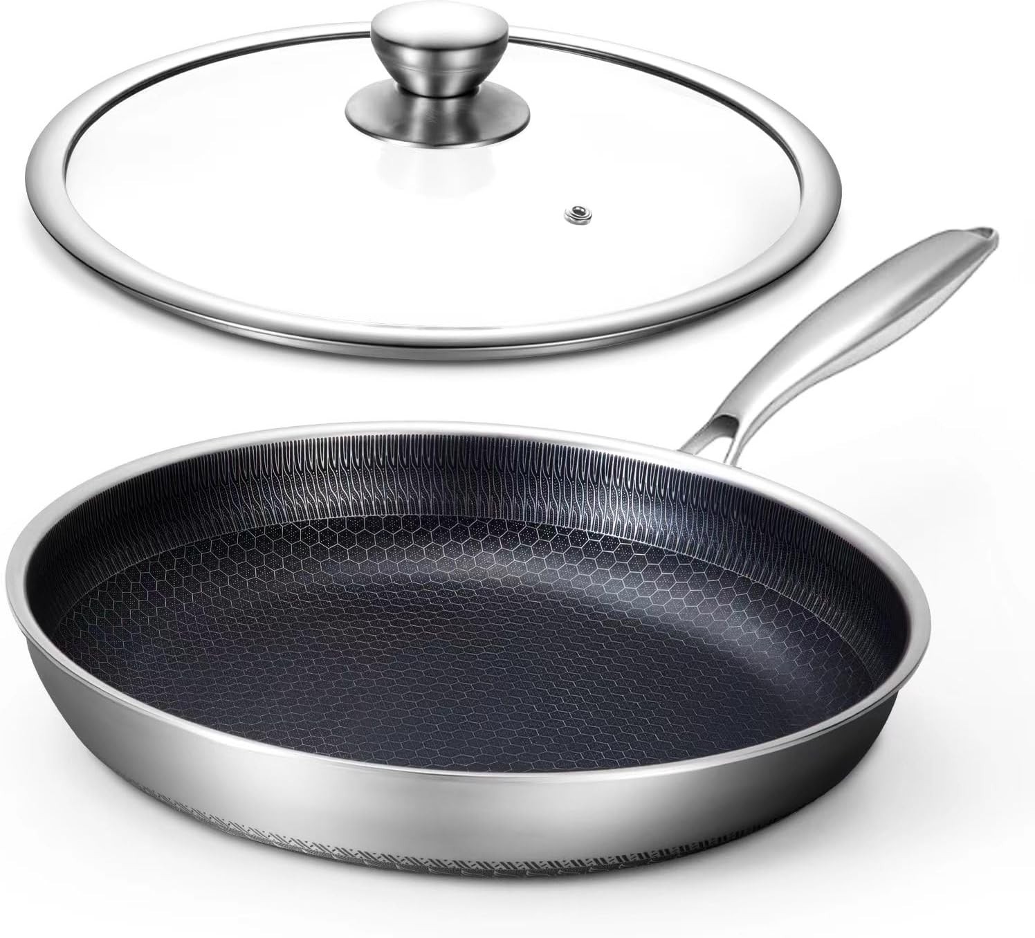 Hybrid 12″ Frying Pan Non Stick with Lid, Stainless Steel Skillets Chef Cookware