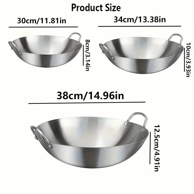 1Pc. 30/34/38cm Large Stainless Steel Wok, Uncoated Thick Durable Chef’s Pan