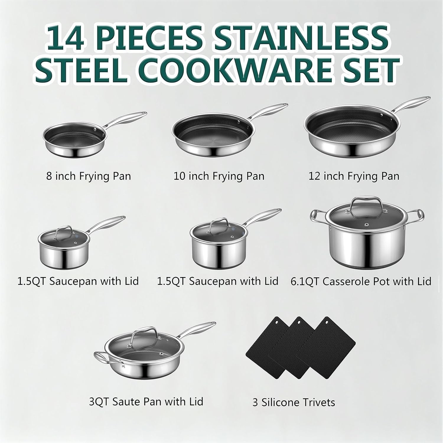 14-Piece Hybrid Stainless Steel Cookware Set, Pots and Pans Set with 3 Silicone