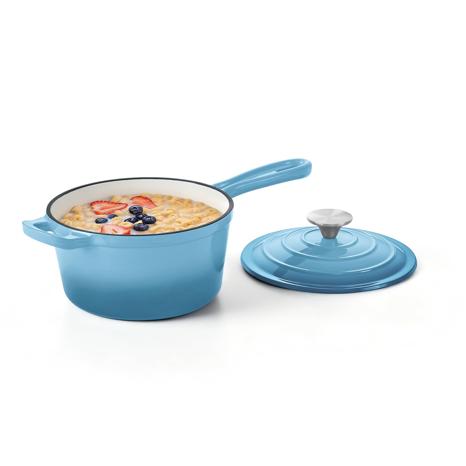Small 2 QT Enameled Cast Iron Sauce Pan With Lid Dutch Oven Sky Blue Cookware